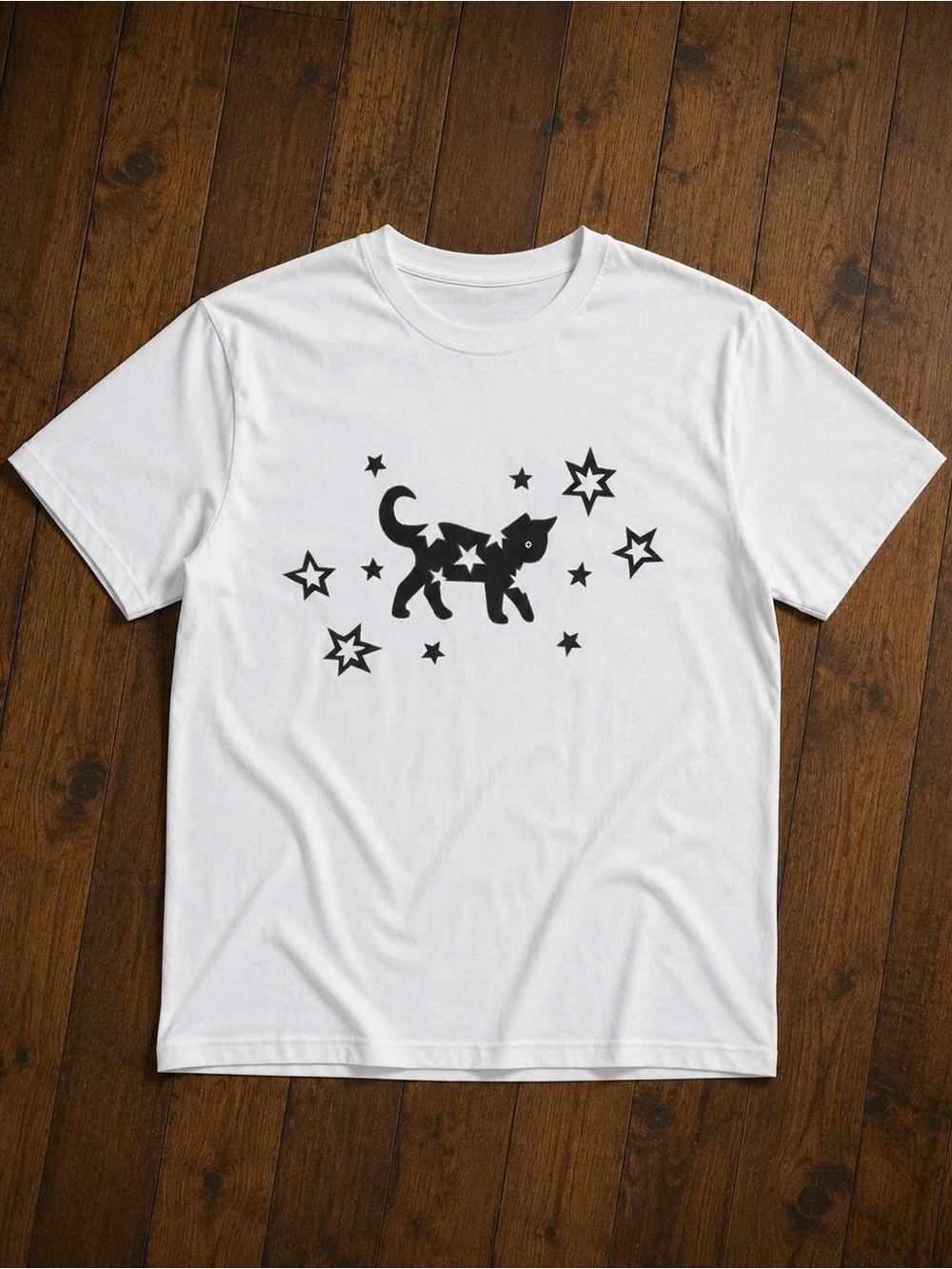 Gildan White Tee with Black Cat and Star Graphic